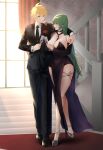  1boy 1girl absurdres arm_around_shoulder azur_lane black_dress blonde_hair breasts champagne_flute cleavage commission cup dress drinking_glass evening_gown full_body green_hair high_heels highres indoors irkawaza large_breasts littorio_(azur_lane) littorio_(calabria_aurea)_(azur_lane) long_hair looking_at_another necktie official_alternate_costume stairs strappy_heels suit wine_glass 