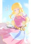  1girl absurdres bird blonde_hair blue_eyes breasts capelet chinese_commentary commentary_request dress highres jewelry long_dress long_hair low-tied_long_hair low-tied_sidelocks medium_breasts pink_dress pointy_ears princess_zelda revision signature solo the_legend_of_zelda the_legend_of_zelda:_skyward_sword very_long_hair weibo_logo weibo_username white_capelet yun_(dl2n5c7kbh8ihcx) 