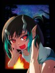  1girl :d absurdres alternate_costume black_border black_hair blue_hair blue_shorts blue_sky blurry blurry_background blush border breasts broken_horn campfire cleavage commentary_request demon_girl demon_horns fang feet_out_of_frame fire grey_horns highres horns kichikichi leaning_forward looking_at_viewer medium_bangs medium_hair multicolored_hair nanashi_inc. night night_sky one_side_up open_mouth outside_border pointy_ears red_eyes shishio_chris shorts skin_fang sky small_breasts smile smug solo star_(sky) starry_sky tank_top two-tone_hair virtual_youtuber white_tank_top 