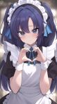  1girl alternate_costume apron blue_archive blue_bow blue_bowtie blurry blush bow bowtie commentary depth_of_field enmaided frilled_apron frills halo heart heart_hands highres long_hair looking_at_viewer maid maid_apron maid_headdress parted_bangs purple_eyes purple_hair short_sleeves sidelocks solo two_side_up white_apron wrist_cuffs yuuka_(blue_archive) zeatto 