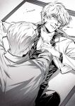  2boys akagi_shigeru animal_print blazer blood cigarette commentary_request feet_out_of_frame fukumoto_mahjong greyscale grin highres jacket long_sleeves looking_at_another male_focus medium_bangs monochrome multiple_boys nosebleed on_floor print_shirt sawada_(ten) scratches shirt short_hair smile strangling suefu tatami ten_(manga) tiger_print 