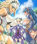  :&lt; aqua_eyes armor ass bare_shoulders barioth_(armor) blonde_hair blue_eyes blue_hair bnahabra_(armor) breast_envy breasts commentary_request covered_nipples hands_on_hips huge_breasts long_hair looking_at_viewer mimonel monster_hunter multiple_girls nargacuga_(armor) navel no_bra open_mouth panties red_eyes sideboob smile striped striped_panties sweatdrop underwear white_hair 