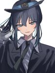  1girl absurdres ado_(utaite) black_hair black_headwear black_jacket black_necktie blue_eyes cloud_nine_inc collared_shirt commentary_request gloves hair_between_eyes hand_in_own_hair highres jacket japan_railways looking_at_viewer mole mole_under_eye multicolored_hair necktie official_alternate_costume parted_lips ponytail shirt sidelocks simple_background solo streaked_hair tsukuno_tsuki upper_body utaite white_background white_gloves 