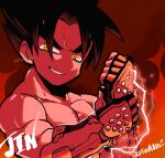  1boy bags_under_eyes black_hair character_name collarbone electricity fingerless_gloves gloves grin highres holding_own_wrist kazama_jin kotorai looking_at_viewer male_focus orange_background orange_theme pectorals short_hair signature smile solo tekken thick_eyebrows topless_male yellow_eyes 