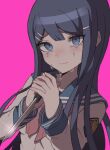  1girl blue_eyes blue_hair blue_sailor_collar blush closed_mouth danganronpa:_trigger_happy_havoc danganronpa_(series) grey_shirt hands_up highres holding holding_knife knife long_hair long_sleeves maizono_sayaka nawoichi neckerchief own_hands_together pink_background pink_neckerchief sailor_collar shirt simple_background solo tears upper_body 