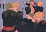  2boys bear beard black_jacket blonde_hair blue_background blue_eyes closed_eyes colored_skin commentary_request facial_hair flustered green_hair green_kimono heart highres hug jacket japanese_clothes kimono looking_at_another male_focus mature_male multiple_boys one_piece orange_shirt roronoa_zoro sanji_(one_piece) scar scar_on_chest scar_on_face shirt short_hair smile surprised tan teeth thick_eyebrows white_skin yaoi ynnn_m 