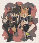  2boys animal_ears arknights asymmetrical_legwear ayerscarpe_(arknights) bandaid bandaid_on_face bandaid_on_nose black_jacket black_necktie black_pants black_thighhighs blonde_hair brown_hair closed_eyes commentary_request feet_out_of_frame grin highres id_card infection_monitor_(arknights) jacket leonhardt_(arknights) midriff_peek mismatched_legwear multiple_boys necktie pants pillow pouch rabbit rabbit_boy rabbit_ears remu_(kudarizaka_25) shirt shoes simple_background smile sneakers thighhighs white_background white_shirt white_thighhighs 