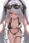  1girl absurdres bikini black_bikini blue_archive blush breasts commentary dark-skinned_female dark_skin demon_tail eyewear_on_head grey_hair hair_over_one_eye hair_ribbon highres iori_(blue_archive) iori_(swimsuit)_(blue_archive) long_hair looking_at_viewer midriff multi-strapped_bikini_bottom navel pointy_ears reaching reaching_towards_viewer red_eyes ribbon simple_background solo sunglasses swimsuit tail take978733141 thigh_strap twintails very_long_hair white_background 