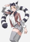  1girl belt black-framed_eyewear black_hair black_jacket bob_cut brown_jacket commentary extra_ears eyewear_on_head grey_background grey_shorts grey_thighhighs hand_on_headwear highres jacket kemono_friends lemur_ears lemur_tail long_sleeves long_tail looking_at_viewer multicolored_clothes multicolored_hair multicolored_jacket open_clothes open_jacket orange_eyes parted_lips ring-tailed_lemur_(kemono_friends) shirt short_hair short_shorts shorts simple_background skindentation smile solo striped_tail sunglasses tail tanabe_(fueisei) thighhighs two-tone_hair white_hair white_jacket white_shirt 