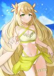  1girl bare_shoulders bikini blonde_hair blue_sky butterfly_hair_ornament celine_(fire_emblem) cloud cloudy_sky fire_emblem fire_emblem_engage green_eyes hair_ornament highres holding_hands kojikoji_illust long_hair midriff navel ocean official_alternate_costume sky swimsuit thigh_strap very_long_hair 