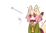  1girl animal_ears arrow_(symbol) bell blonde_hair blush brown_collar collar commentary_request dotted_line fox_ears fox_girl fox_tail green_shirt hair_between_eyes hair_bun hair_ornament jingle_bell kemomimi-chan_(naga_u) naga_u neck_bell necktie orange_necktie original pleated_skirt purple_eyes purple_skirt shirt simple_background skirt solo tail translation_request white_background 