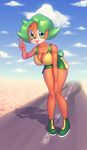  ami_bandicoot bandicoot big_breasts breasts brown_skin cleavage clothed clothing cloud dress female green_eyes green_hair hair lips looking_at_viewer makeup mammal marsupial nitro open_mouth outside shoes short_hair sky smile solo standing thighs v_sign 