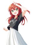  1girl arm_up black_shirt bocchi_the_rock! green_eyes haru_(konomi_150) highres kita_ikuyo long_hair looking_at_viewer one_side_up open_mouth red_hair shirt short_sleeves simple_background skirt smile solo v white_background white_skirt 