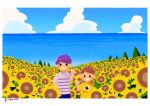  2boys ahoge artist_name black_eyes blue_pants blue_sky blush_stickers boku_(boku_no_natsuyasumi) boku_no_natsuyasumi border brown_hair child cloud cloudy_sky commentary_request cumulonimbus_cloud field flower flower_field hand_on_own_hip height_difference horizon jack-o&#039;_ran-tan jitome kitamura_(ktmrdayo0330) looking_at_viewer male_focus multiple_boys napoli_no_otokotachi open_mouth outdoors pants shirt short_hair short_sleeves side-by-side sky smile solid_oval_eyes standing striped striped_shirt summer sunflower sunflower_field t-shirt v white_border yellow_shirt 