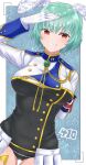  1girl absurdres amulet animal_ears annzuwann breasts chiester410 covered_navel evil_smile fang green_hair highres large_breasts military_uniform rabbit_ears red_eyes salute short_hair skirt smile umineko_no_naku_koro_ni uniform 