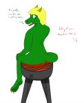 anthro blonde_hair burning butt butt_on_fire concern cooking_with_furs dialogue digital_media_(artwork) dragon duo eastern_dragon english_text fataltragedy2004_(character) feet fire green_body grill grilling gynro_(artist) hair hi_res horn male offscreen_character open_mouth pain rear_view sitting solo_focus tail text torture