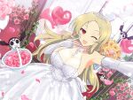  balloon bat_(animal) blonde_hair bow bowtie breasts bridal_gauntlets cleavage day dress flower hair_ornament hairclip indoors large_breasts mirror mole mole_under_mouth non-web_source official_art one_eye_closed open_mouth petals red_eyes rose rose_petals selfie senran_kagura senran_kagura_new_link shiki_(senran_kagura) smile v wedding_dress 