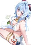 1girl absurdres alternate_costume bell bikini blue_hair breasts c1p122 closed_mouth commentary_request flower ganyu_(genshin_impact) genshin_impact goat_horns hair_between_eyes highres holding holding_flower horns large_breasts long_hair looking_at_viewer looking_back low_ponytail multiple_thigh_straps neck_bell purple_eyes qingxin_flower sideboob sidelocks sitting smile solo swimsuit vision_(genshin_impact) white_background white_bikini white_nails 