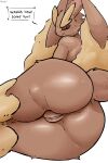 akoqev anthro anus asking_viewer big_butt black_eyes brown_body brown_fur butt curvy_figure dialogue eyebrows female fur generation_4_pokemon genitals glistening glistening_body hi_res inviting lagomorph long_ears looking_at_viewer looking_back looking_over_shoulders lopunny mammal multicolored_body nintendo nude pink_nose pokemon pokemon_(species) pussy red_eyes scut_tail short_tail simple_background smile smiling_at_viewer smirk solo speech_bubble tail tan_body tan_fur thick_eyebrows thick_thighs two_tone_body voluptuous white_background wide_hips