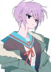  1girl blue_eyes blue_sailor_collar fur-trimmed_jacket fur_trim green_jacket hair_between_eyes highres jacket kita_high_school_uniform mochoeru nagato_yuki neck_ribbon open_clothes open_jacket parted_lips purple_hair ribbon sailor_collar school_uniform serafuku short_hair simple_background solo suzumiya_haruhi_no_yuuutsu upper_body white_background 