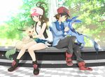  1girl bad_id bad_pixiv_id bare_legs baseball_cap blue_eyes boots brown_eyes brown_hair denim denim_shorts fountain gen_4_pokemon glaceon grin hat high_ponytail himerinomi jacket leafeon long_hair looking_at_viewer pokemon pokemon_(creature) pokemon_(game) pokemon_bw short_hair shorts sitting smile touko_(pokemon) touya_(pokemon) tree vest wristband 