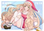  1girl alternate_costume ass bead_necklace beads blonde_hair celine_(fire_emblem) christmas dated dress fire_emblem fire_emblem_engage green_eyes happy_birthday hat highres holding_hands jewelry kojikoji_illust long_hair looking_at_viewer necklace santa_dress santa_hat smile very_long_hair 