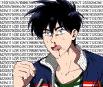  1boy black_hair blood blue_jacket chicken_pub clenched_hand fingernails green_shirt grey_eyes hair_between_eyes highres jacket letterman_jacket long_bangs lower_teeth_only male_focus math nosebleed open_mouth pen shirt short_hair solo striped striped_shirt teeth text_background tobaku_haouden_zero ukai_zero upper_body white_background white_shirt 