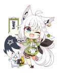  1girl 7:08 ahoge animal_ear_fluff animal_ears apron braid chibi commentary_request earrings fang fox_ears fox_girl fox_shadow_puppet fox_tail green_eyes hair_between_eyes highres holding holding_plate hololive jewelry leg_up long_hair looking_at_viewer one_eye_closed open_mouth pentagram plate shirakami_fubuki sidelocks simple_background single_braid sukonbu_(shirakami_fubuki) tail virtual_youtuber white_background white_hair 