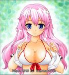  baka_to_test_to_shoukanjuu bikini_top blue_eyes breasts crop_top front-tie_top himeji_mizuki large_breasts long_hair looking_at_viewer nightmare77zx open_clothes open_shirt pink_hair school_uniform shirt smile solo swimsuit undressing 