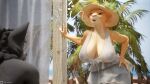 3d_(artwork) anthro big_breasts blender_(software) breasts canid canine canis clothing digital_media_(artwork) dress duo felid female fur hat headgear headwear hi_res lion male mammal mmad nude_beach orange_body orange_fur outside pantherine ricky_(mmad) sun_hat sundress translucent translucent_clothing whistle wolf