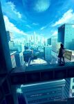  1girl animal_ears billboard blue_sky building city cityscape cloud commentary_request concept_art dated day english_commentary english_text highres jacket long_hair mixed-language_commentary moon original outdoors plant scenery sky skyline skyscraper solo sumiro tower tree 