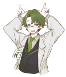  1boy arms_up black_jacket coat collared_shirt dongrang_(project_moon) glasses green_eyes green_hair green_necktie highres horns_pose jacket limbus_company long_sleeves male_focus necktie open_mouth project_moon shirt smile solo uchimura_(rino0525) white_coat white_shirt wing_collar 