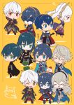  5girls 6+boys ameno_(a_meno0) angry arms_behind_back asymmetrical_clothes blue_eyes blue_hair boots brown_eyes byleth_(female)_(fire_emblem) byleth_(fire_emblem) byleth_(male)_(fire_emblem) cape chibi chrom_(fire_emblem) closed_eyes corrin_(female)_(fire_emblem) corrin_(fire_emblem) corrin_(male)_(fire_emblem) dual_persona feh_(fire_emblem_heroes) fingerless_gloves fire_emblem fire_emblem:_mystery_of_the_emblem fire_emblem:_three_houses fire_emblem_awakening fire_emblem_fates fire_emblem_heroes gloves green_eyes grey_hair grima_(fire_emblem) hair_between_eyes hairband holding_hands horns leggings long_hair lucina_(fire_emblem) marth_(fire_emblem) marth_(fire_emblem_awakening) mask medium_hair multiple_boys multiple_girls multiple_persona official_alternate_costume official_alternate_hairstyle one_eye_closed open_mouth pantyhose red_eyes robin_(female)_(fell_tactician)_(fire_emblem) robin_(female)_(fire_emblem) robin_(fire_emblem) robin_(male)_(fire_emblem) short_hair sleeping smile sweatdrop symbol-shaped_pupils thigh_boots tiara very_long_hair white_hair yellow_background zzz 