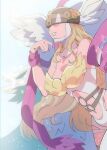  1girl angel_wings angewomon bare_shoulders belt blonde_hair breasts brown_belt digimon digimon_(creature) digimon_adventure from_side green_background hand_up helmet highres kyuu_may_9 large_breasts long_hair navel o-ring solo white_background winged_helmet wings 