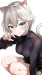  1girl absurdres anastasia_(idolmaster) animal_ear_fluff animal_ears black_sweater blush breasts cat_ears cat_tail extra_ears fingernails grey_hair highres idolmaster idolmaster_cinderella_girls kemonomimi_mode looking_at_viewer medium_breasts popon_ta ribbed_sweater short_hair simple_background smile solo squatting sweater tail white_background 