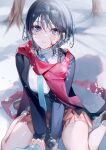  1girl 1other black_hair blood blood_on_face blue_eyes blue_necktie crying crying_with_eyes_open highres holding_hands jacket looking_at_viewer miwano_rag necktie open_clothes open_jacket original pleated_skirt pov red_scarf scarf short_hair sitting skirt snow solo_focus tears wariza 