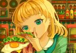  1girl absurdres bacon blonde_hair burger cheese diner eating food fried_egg green_eyes green_shirt highres holding holding_food indoors kagenoyuhi lettuce long_sleeves looking_at_viewer medium_hair open_mouth original shirt solo upper_body 