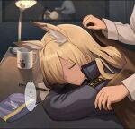  1girl 1other aisumegane animal_ear_fluff animal_ears blanket blonde_hair blue_archive blue_shirt blush closed_eyes commentary_request cup desk_lamp dog_ears dog_girl elbows_on_table hair_over_one_eye head_rest highres holding holding_blanket indoors kanna_(blue_archive) lamp mug paper parted_bangs parted_lips pen picture_frame police police_uniform policewoman shirt sleeping speech_bubble translation_request uniform unworn_armband white_shirt 