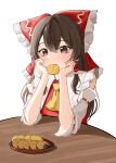  1girl absurdres ascot bow brown_eyes brown_hair chabudai_(table) detached_sleeves food food_in_mouth hair_bow hakurei_reimu hands_on_own_chin head_rest highres long_hair red_bow red_shirt senbei shirt sleeveless sleeveless_shirt solo table temmie_(temi_maru) touhou tray white_background yellow_ascot 