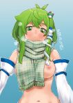  1girl antenna_hair blue_background blush breasts breath commentary_request crossed_bangs dated detached_sleeves expressionless frog_hair_ornament gradient_background green_eyes green_hair green_scarf hair_between_eyes hair_ornament highres kei_jiei kochiya_sanae large_breasts long_hair looking_at_viewer medium_bangs naked_scarf navel nipples open_mouth scarf sidelocks single_hair_tube snake_hair_ornament solo touhou upper_body white_sleeves 