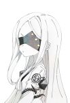  1girl blindfold blue_archive blush closed_mouth colored_skin commentary covered_eyes dress hanozuku long_hair long_sleeves ohr_(blue_archive) simple_background solo upper_body white_background white_dress white_hair white_skin 