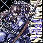  aiming androgynous archery arrow blue_eyes bow bow_(weapon) brown_hair copyright_name cowboy_shot drawing_bow drifters friction hair_ornament hair_ribbon happy holding holding_arrow holding_bow_(weapon) holding_weapon japanese_clothes kimono long_hair long_sleeves looking_at_viewer male_focus nasu_no_yoichi ponytail ribbon sketch smile solo sword sword_hilt translation_request weapon 