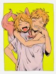  1boy 1girl animal_ears arms_around_neck bandana bandana_around_neck blonde_hair blush border breast_pocket commentary_request facing_viewer grin head_tilt hug hug_from_behind napoli_no_otokotachi open_mouth outside_border pele_(napoli_no_otokotachi) pink_bandana pocket rubbing_nose shirt short_hair short_sleeves simple_background smile sugiru_(napoli_no_otokotachi) tail upper_body v-shaped_eyebrows white_border white_shirt yellow_background z_(wikk52) 