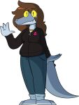 2018 4_fingers alligator alligatorid alpha_channel anthro barefoot biped black_clothing black_eyebrows black_eyelashes black_eyes black_jacket black_topwear blue_body blue_bottomwear blue_clothing blue_countershading blue_jeans blue_pants blue_scales blue_tail bottomwear breasts brown_hair chokovit_(artist) clothed clothed_anthro clothed_female clothing colored countershade_face countershade_feet countershade_hands countershade_neck countershade_scales countershade_tail countershading crocodilian denim denim_bottomwear denim_clothing digital_drawing_(artwork) digital_media_(artwork) eyebrow_through_hair eyebrows feet female female_anthro fingers front_view full-length_portrait gesture hair hi_res jacket jeans krista_(stratica) long_hair non-mammal_breasts pants portrait reptile scales scalie simple_background snaggle_tooth snout solo standing tail teeth toes topwear translucent translucent_hair transparent_background waving waving_at_viewer yellow_sclera