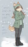 2023 anthro boots canid canine clothing digital_media_(artwork) english_text female footwear fur hi_res mammal shaking shivering snow snowing solo standing tan_body tan_fur text yshanii