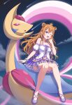  1girl absurdres birthday breasts cleavage cloud cloudy_sky collarbone commentary_request cresselia highres konoe_kanata large_breasts long_hair love_live! love_live!_nijigasaki_high_school_idol_club night night_sky one_eye_closed orange_hair pink_eyes pokemon pokemon_(creature) pokemon_dppt purple_eyes shooting_star sitting sky sleepy star_(sky) starry_sky tsukimi_seiya wavy_hair 