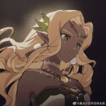  blonde_hair breasts choker circlet commentary_request dark-skinned_female dark_skin dress earrings facial_mark green_eyes jewelry long_hair medium_breasts necklace profile sonia_(zelda) strapless strapless_dress the_legend_of_zelda the_legend_of_zelda:_tears_of_the_kingdom watermark weibo_logo weibo_username white_choker yun_(dl2n5c7kbh8ihcx) 