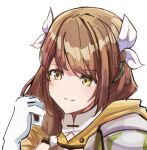  1girl brown_hair fire_emblem fire_emblem_engage gloves goldmary_(fire_emblem) highres hood hood_down hooded_top low_ponytail ribbon single_shoulder_pad solo vofthefairfolk white_gloves white_ribbon yellow_eyes 