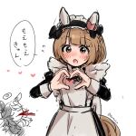  2girls alternate_costume animal_ears blood blood_from_mouth blush brown_eyes brown_hair closed_eyes commentary_request enmaided ewa_(ewa0310) gold_city_(umamusume) halo heart heart_hands highres horse_ears horse_tail looking_at_viewer maid maid_headdress moe_moe_kyun! multiple_girls open_mouth ribbon tail translation_request twitter_username umamusume white_background yukino_bijin_(umamusume) 