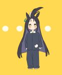  ... 1girl ahoge animal_ears black_hair black_pajamas black_pants black_shirt blush_stickers commentary_request earrings harakomeshi highres horse_ears horse_girl jewelry long_hair long_sleeves manhattan_cafe_(umamusume) no_mouth pajamas pants shirt simple_background single_earring solo umamusume yellow_background 